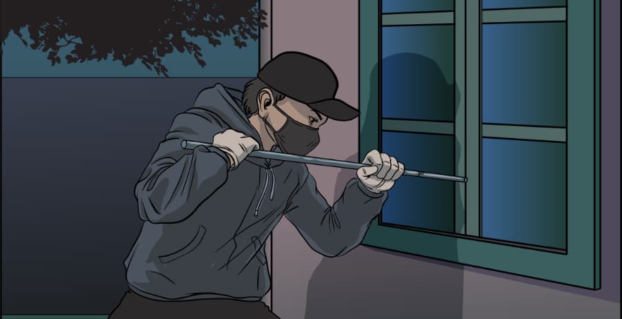 Illustration of burglar forcing entry through a window in State College